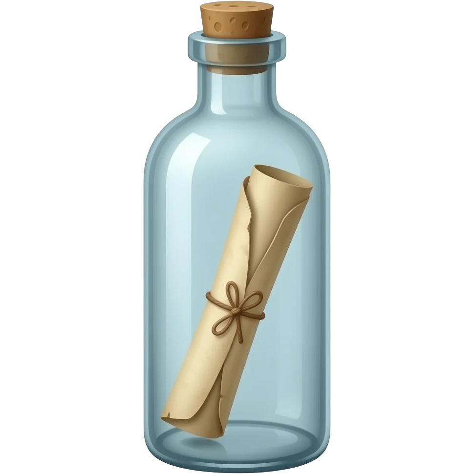 A tall, thin glass bottle containing a rolled-up message on an old piece of paper, positioned so that the message is located exactly in the center of the bottle. emoji