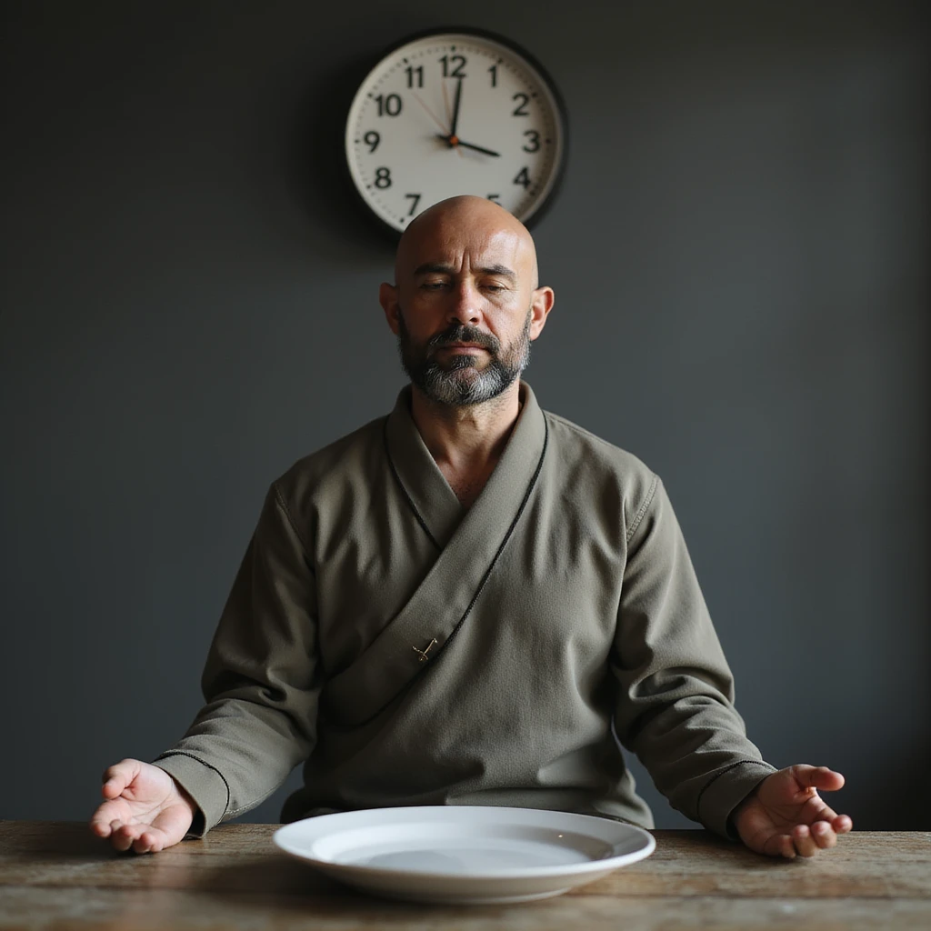 Hyperrealistic 4K image of a man meditating in front of an empty plate, clock indicating 23 hours of fasting, Zen minimalist environment, detailed facial features reference. emoji