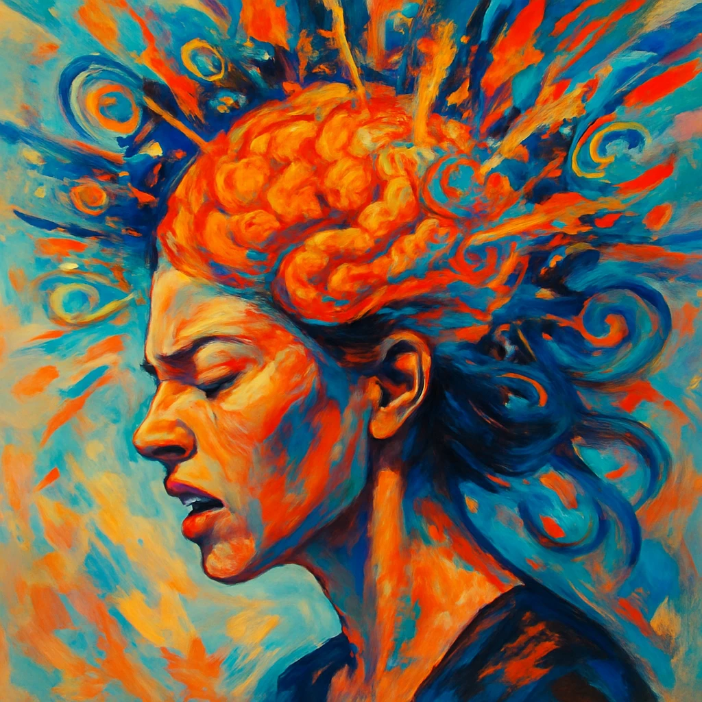 the brain of a woman exploding, expressive, dynamic, visually striking, no gore, creative and artistic emoji