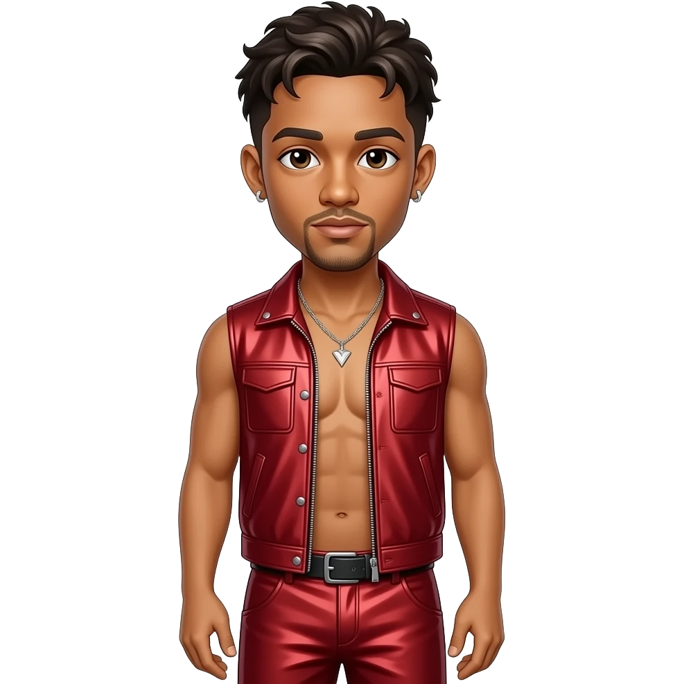 Jaden Smith with dark brown hair, brown eyes, red metallic vest, maroon metallic baggy pants, shirtless with necklace and earrings emoji