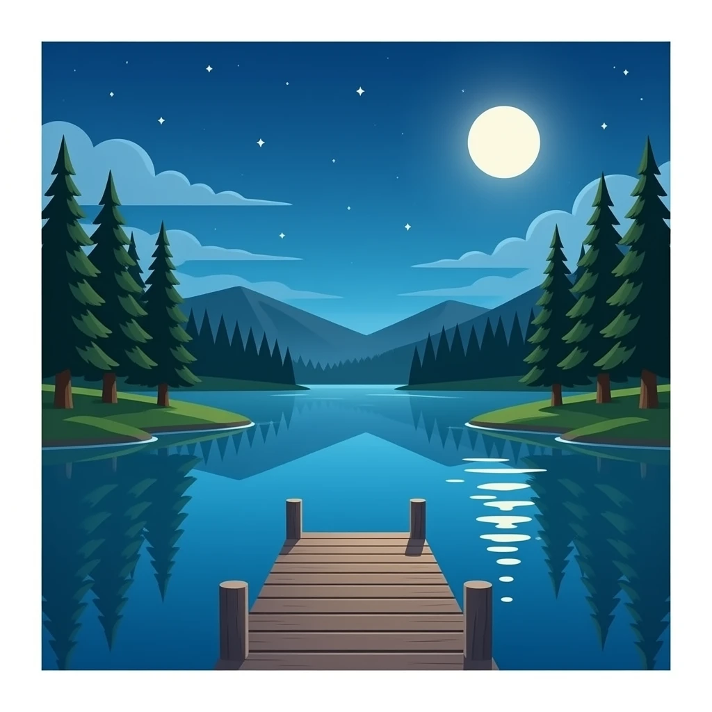 Crea un landscape de noche, un lago rodeado de un bosque de pinos con un muelle emoji