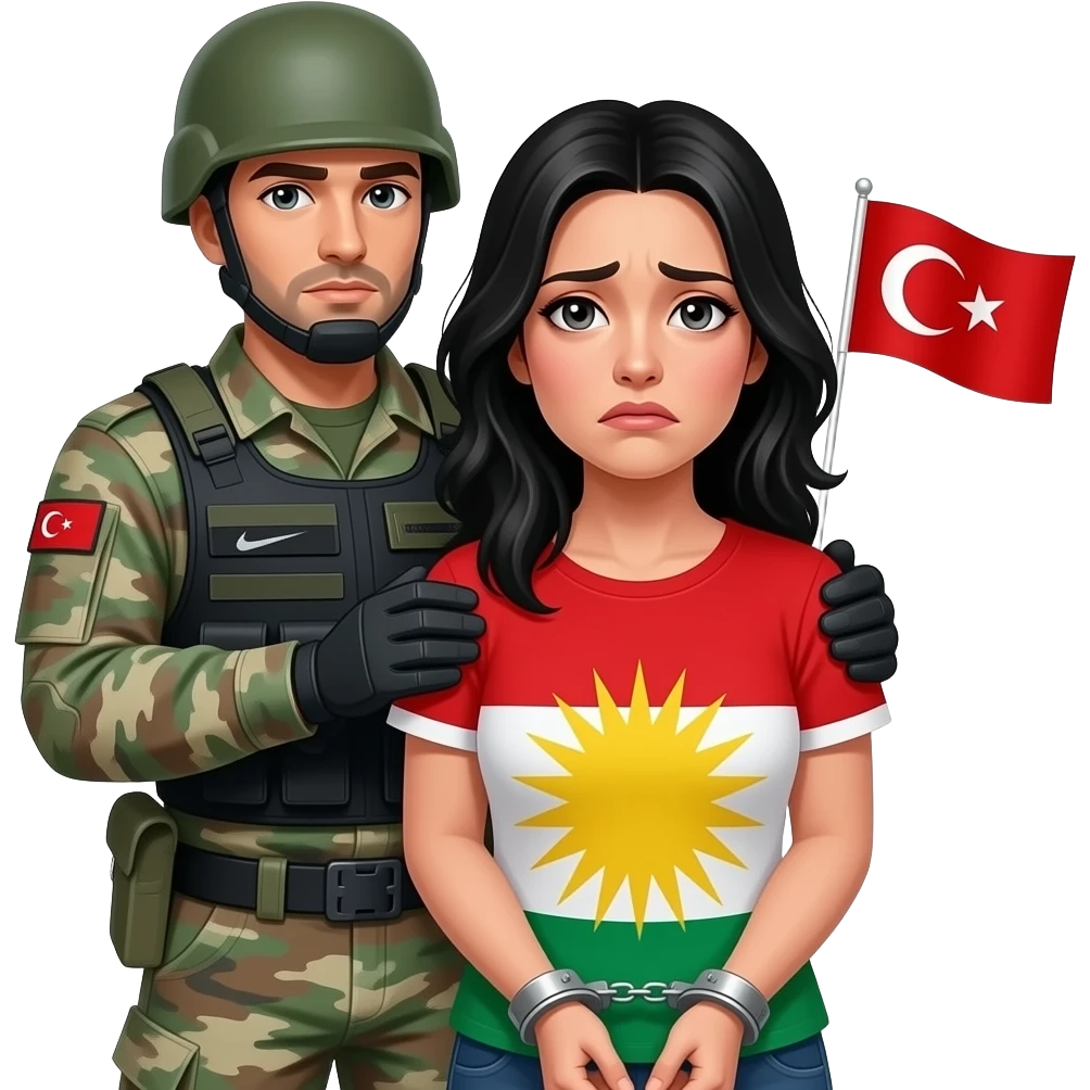 Kelepçeli siyah saçlı ve Kürdistan bayrağı giyen korkan kadın ve arkasında ona dokunan bir  Türk asker emoji