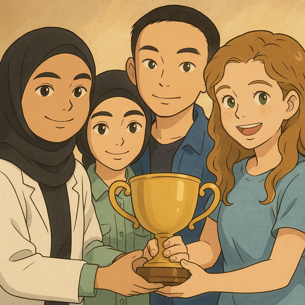 Four characters inspired by the reference photos, in Ghibli style, smiling, holding a trophy together, warm and friendly atmosphere. Generate the second variation. emoji