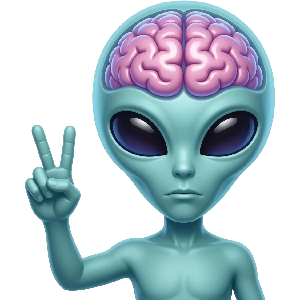 Dmt alien with enlarged brain throwing peace sign emoji