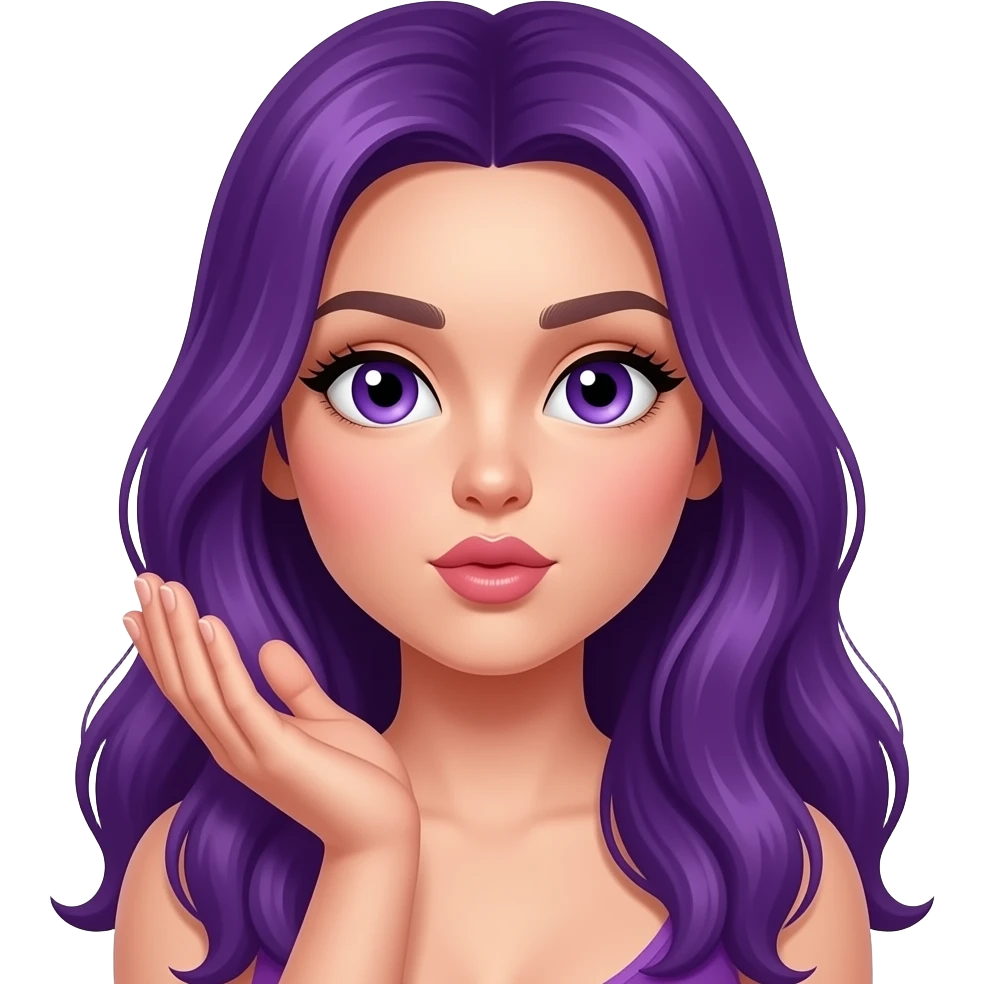 sexy girl with long purple hair and purple eyes gives a air kiss emoji