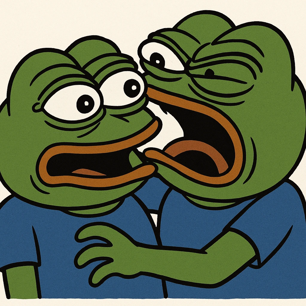humorous meme scene of two Pepes, one biting the other emoji