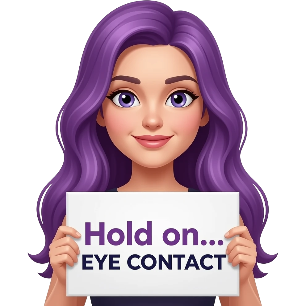 sexy girl with long purple hair holding a Hold on... EYE CONTACT sign emoji