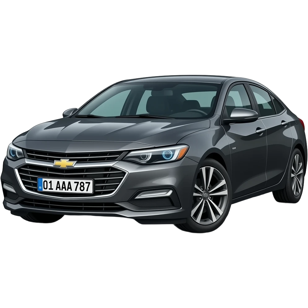 A realistic icon emoji of a metallic black sedan Chevrolet Malibu 2.0L Turbo Premier, shark eyes, dark charcoal tint windows, black alloy 5-spoke rims, Dynamic sky blue glow LED headlights with glowing effect, uzbekistan flag region, number texts "01 AAA 787" in plate, driving in the road way city emoji