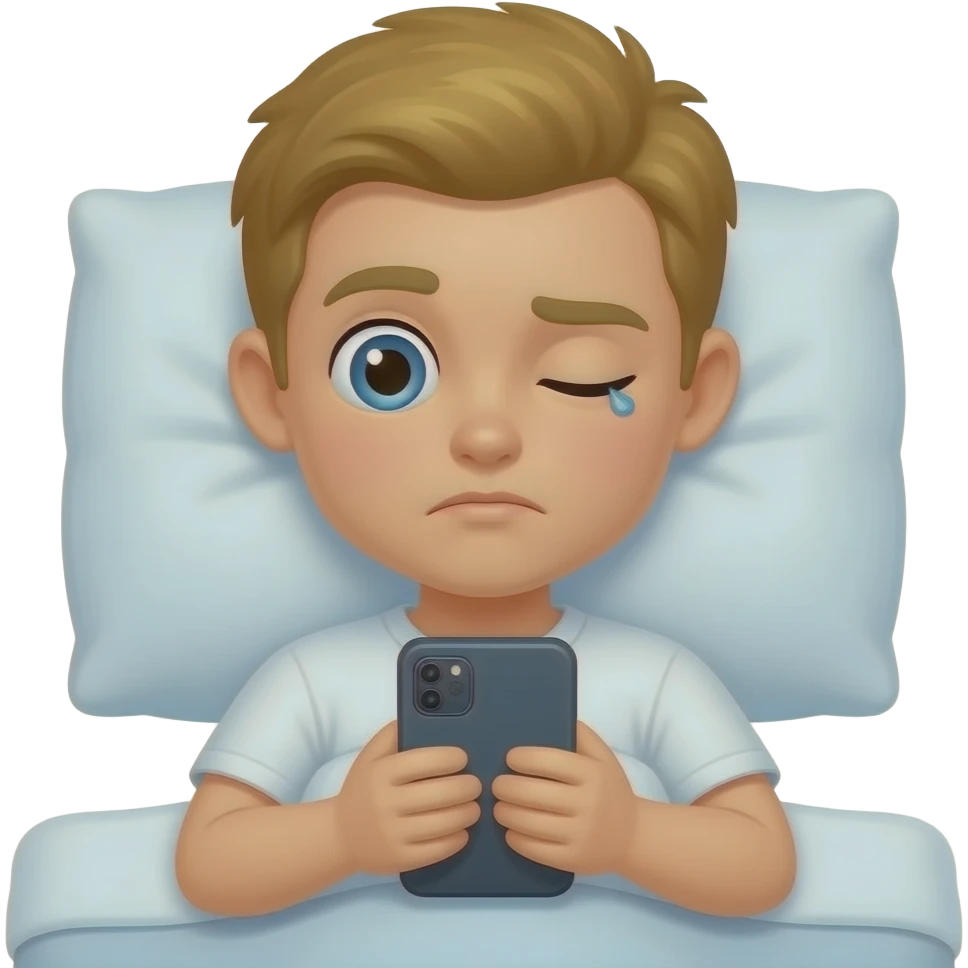 Cute & funny good morning yellow emoji face that just woke up but looks tired and has only one eye open and the other eye shut reading phone messages in bed emoji