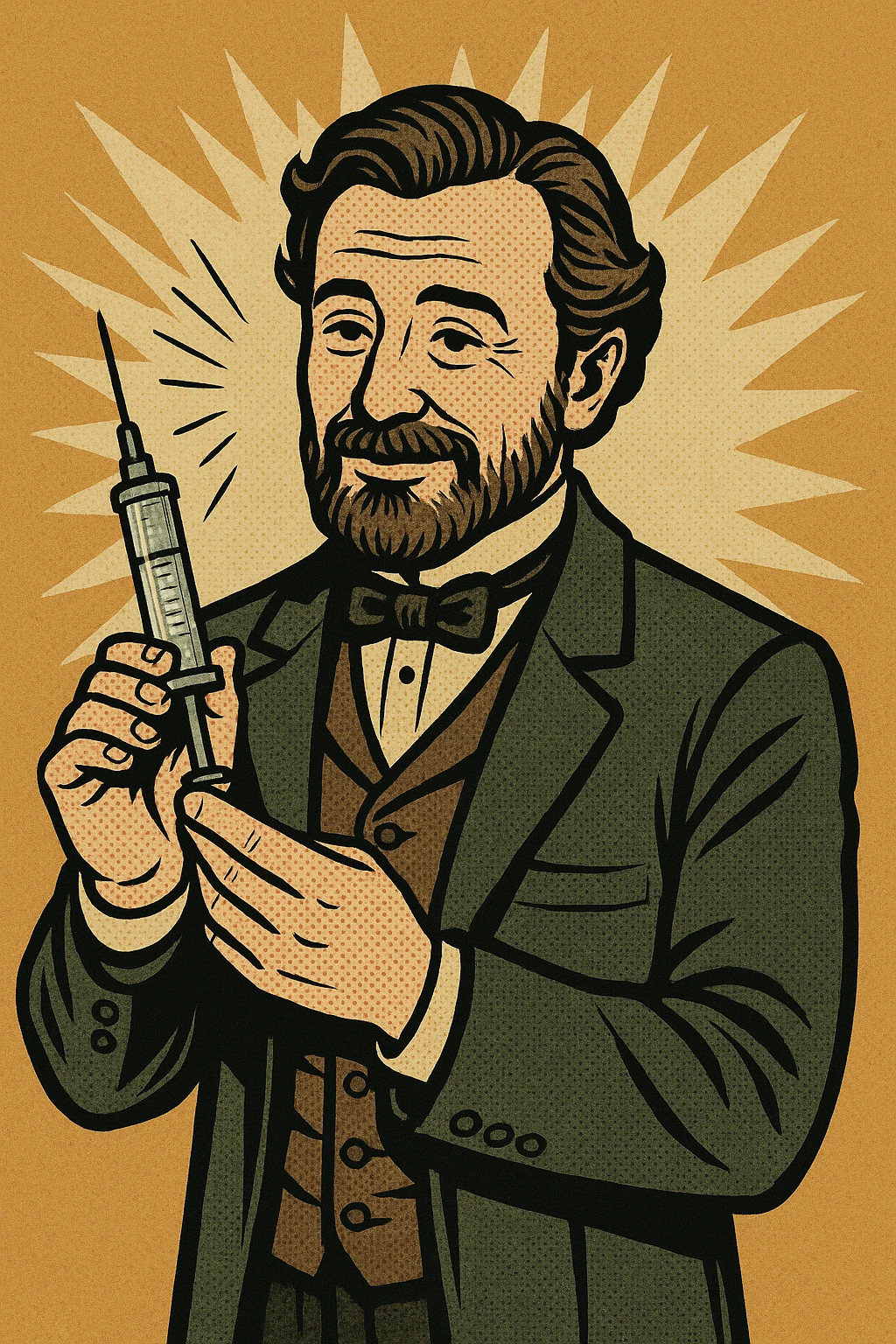 A caring looking victorian doctor holding a vaccination emoji