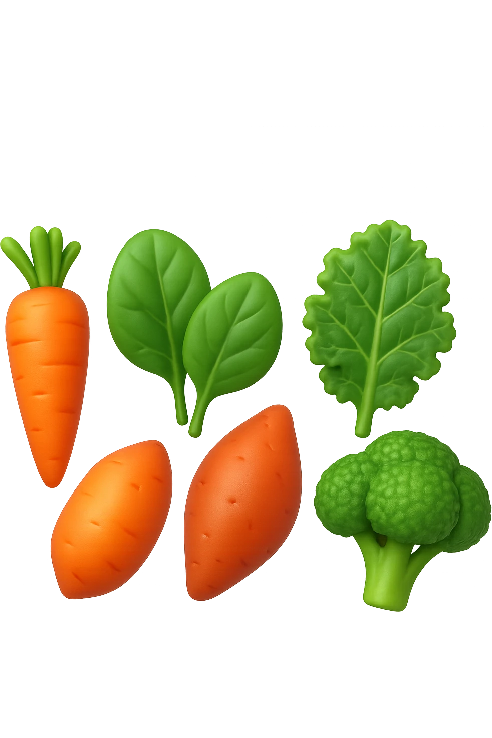 emoji 3d stile iphone di cinque cibi vegetali, vitamina A e glutammina che fluttuano in aria 3d emoji