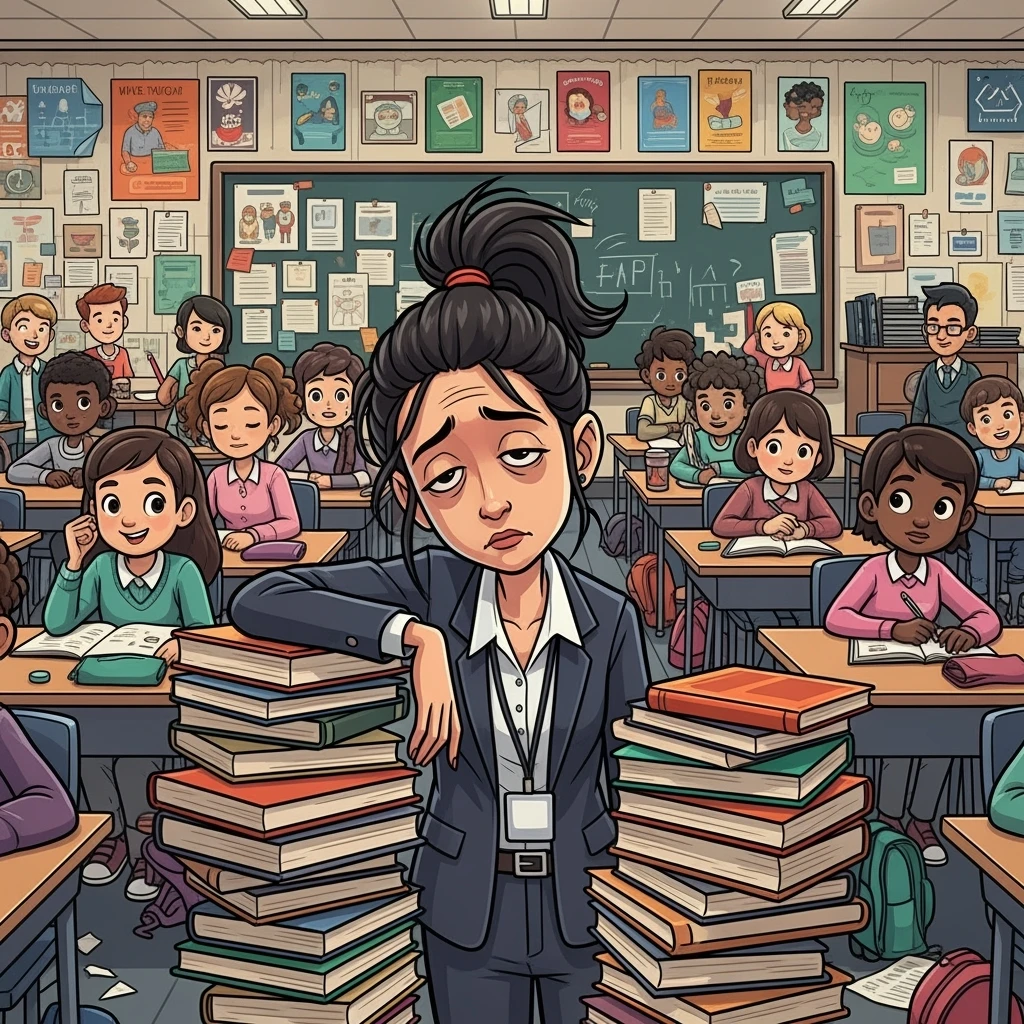 digital 2d cartoon art of a exhausted teacher in a bustling classroom emoji