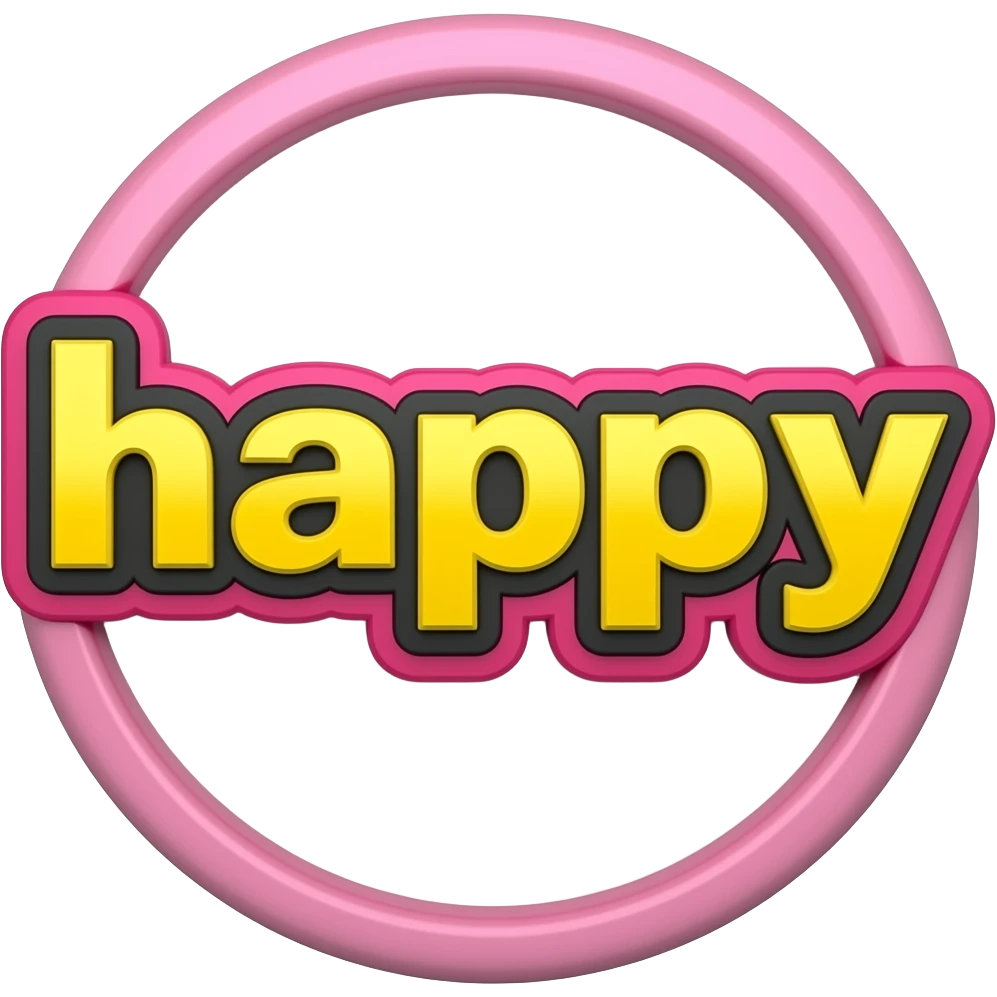 name "happy" in bright yellow typography letterings with a black thin border around each letter, a vivid pink border around the black border to appear layered, word to be isolated, 3d rendering, no emoji icons no emoji faces and must have no human figures emoji