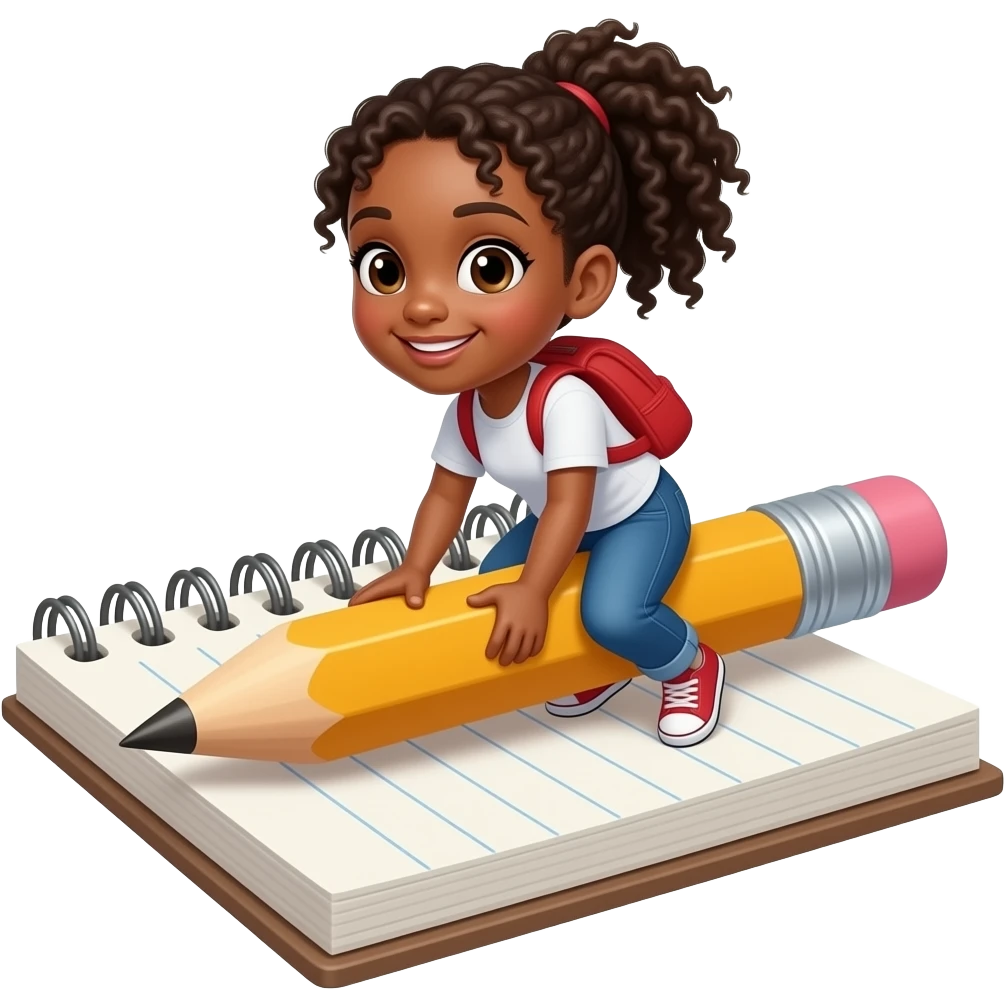 Make an emoji of a black girl riding on a notepad with a pencil emoji