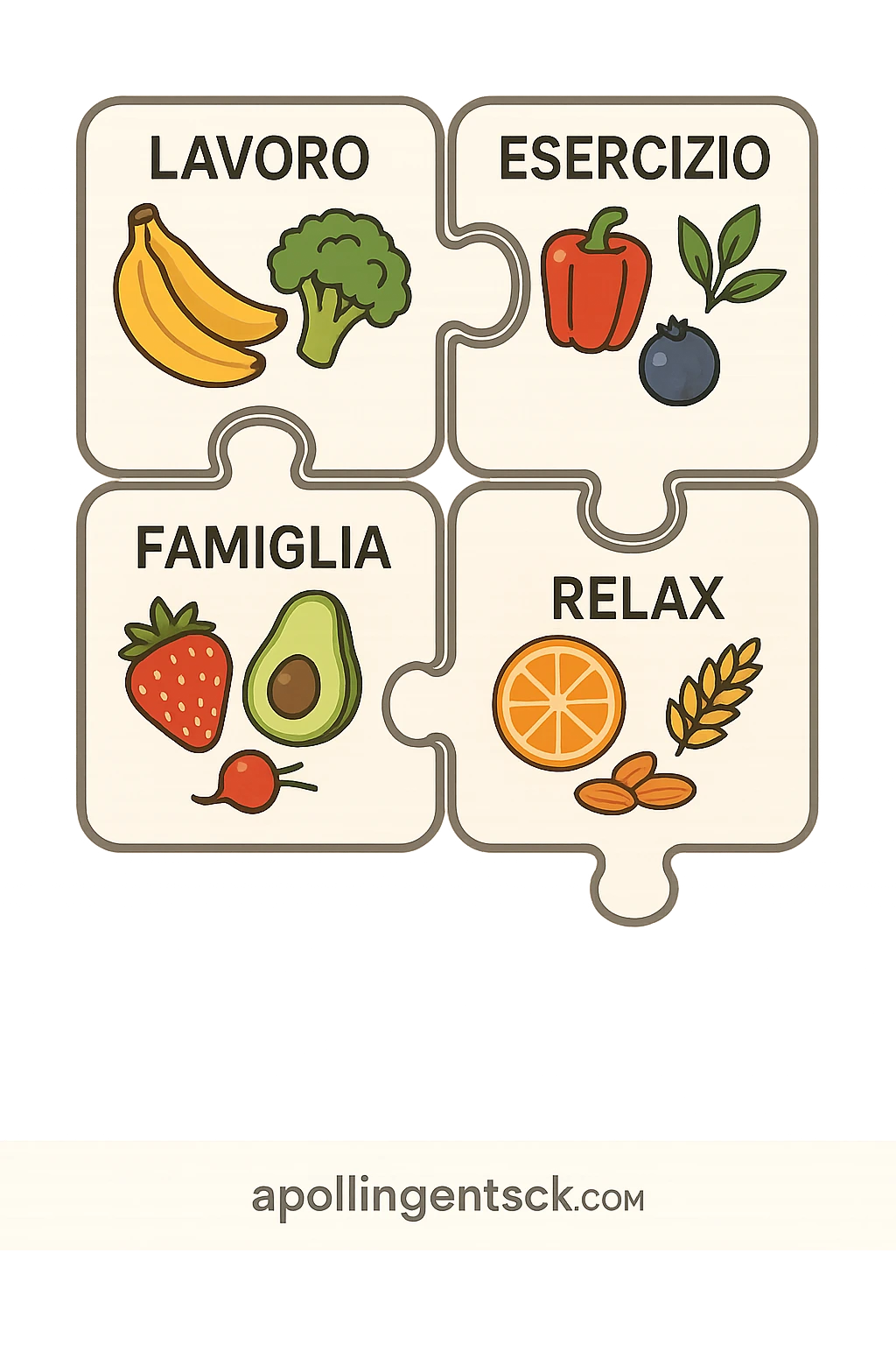 Puzzle (Lavoro, Esercizio, Famiglia, Relax), and healthy foods are integrated into each piece. in italiano emoji