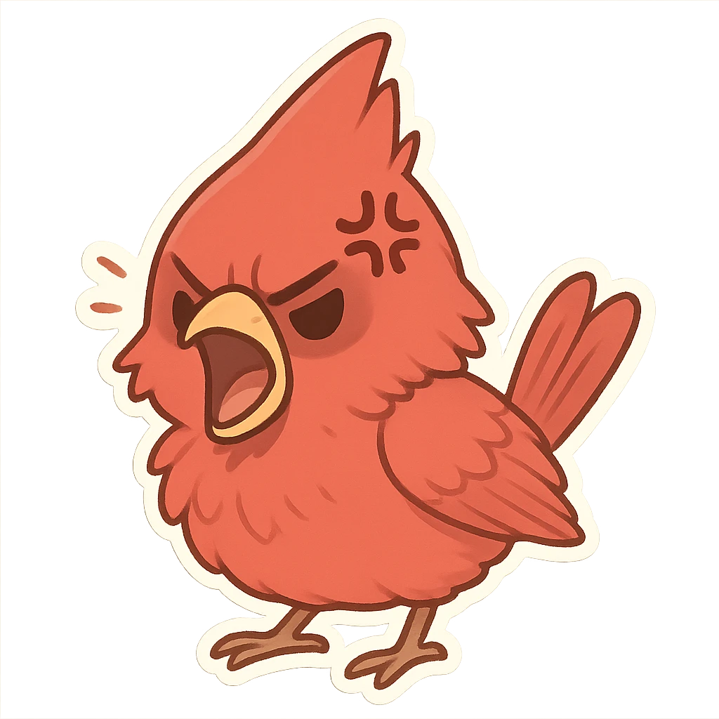 Chibi-style male cardinal yelling with open beak, feathers fluffed, exaggerated anime anger mark above eye. emoji