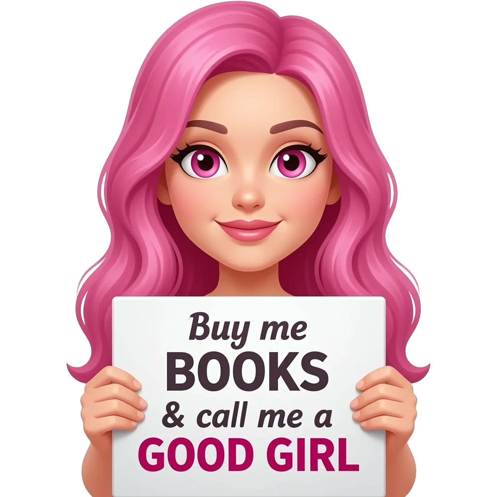 sexy girl with long pink hair and pink eyes holding a Buy me BOOKS & call me a GOOD GIRL sign emoji