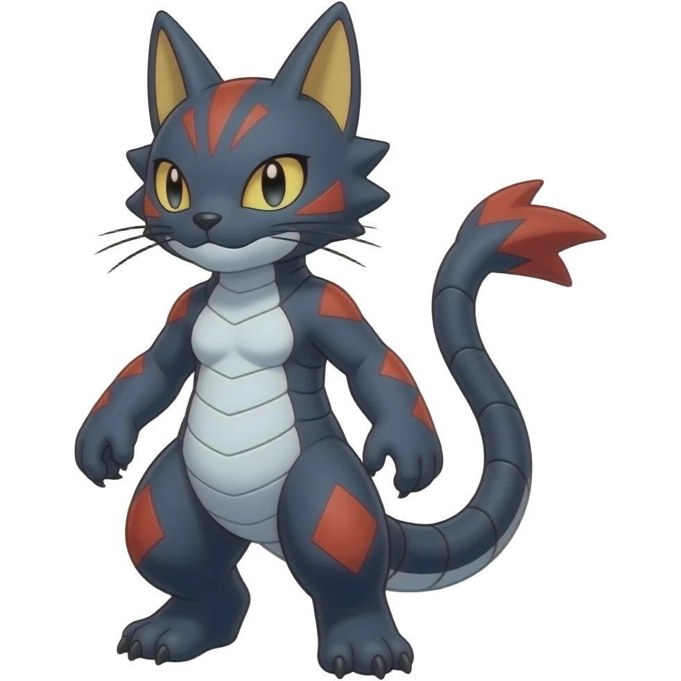 midnight blue-gray-black, with red markings, white belly, scaley Bastet-Noibat-Gatomon-Digimon-Fakémon-Pokémon-creature (full body) emoji
