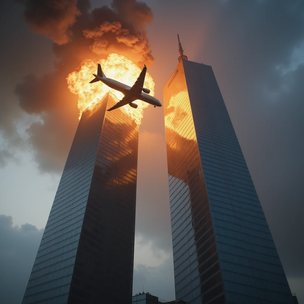 photorealistic scene of two modern towers, an airplane colliding with the left tower, dramatic lighting emoji