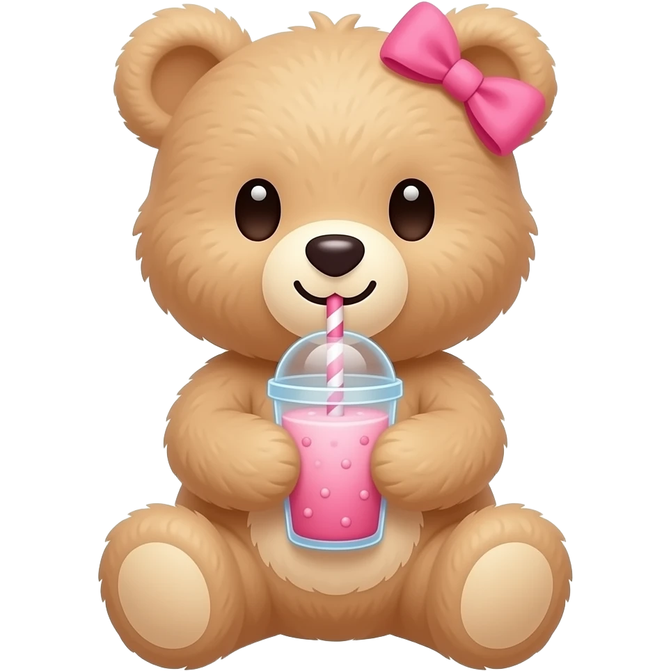 Un osito de pelucho tomando un batido con un lasito rosa en la oreja derecha emoji