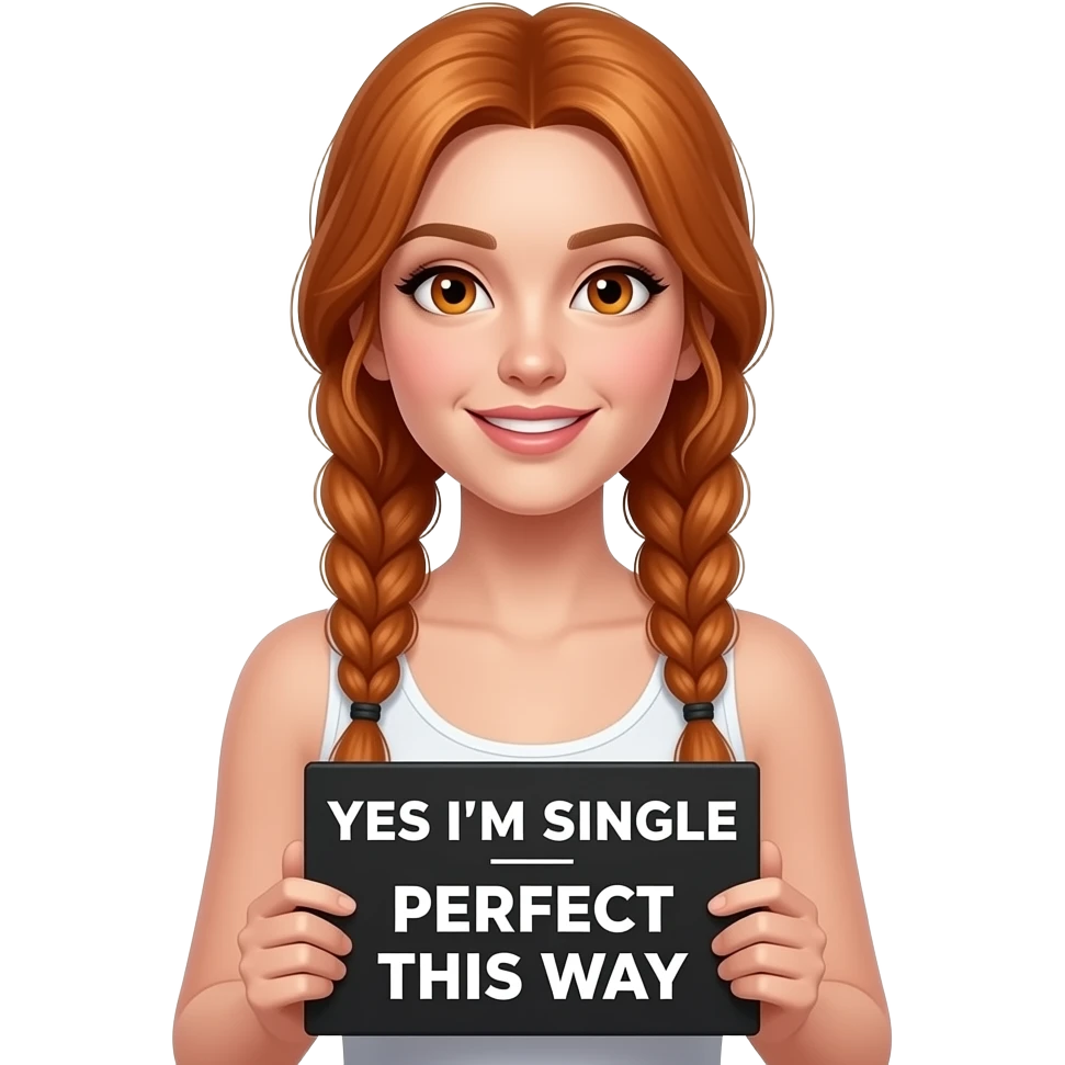 sexy girl with long ginger braids and ginger eyes wearing a white tanktop is holding a black sign with YES I'M SINGLE and PERFECT THIS WAY written on it emoji