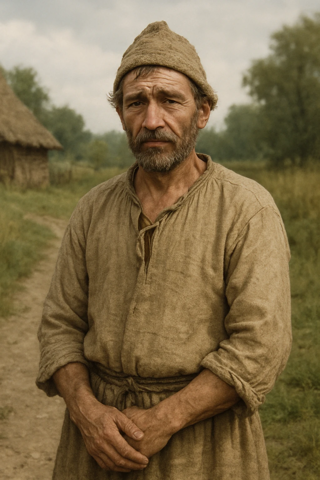 a real-life peasant, historically accurate, simple clothing, humble expression, standing in a rural setting, natural colors, realistic style emoji