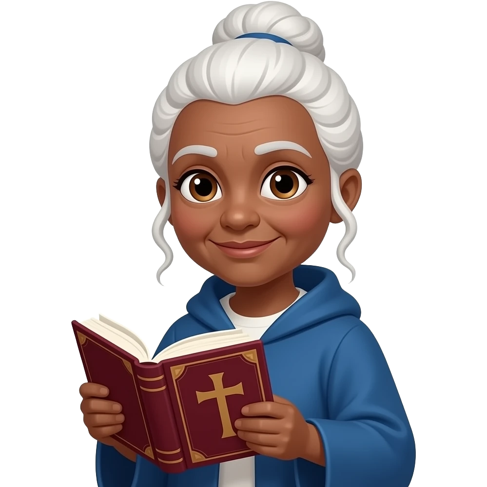wise old woman with white hair tendrils in a bun brown skin blue robe brown eyes with burgundy book that has a cross on it emoji