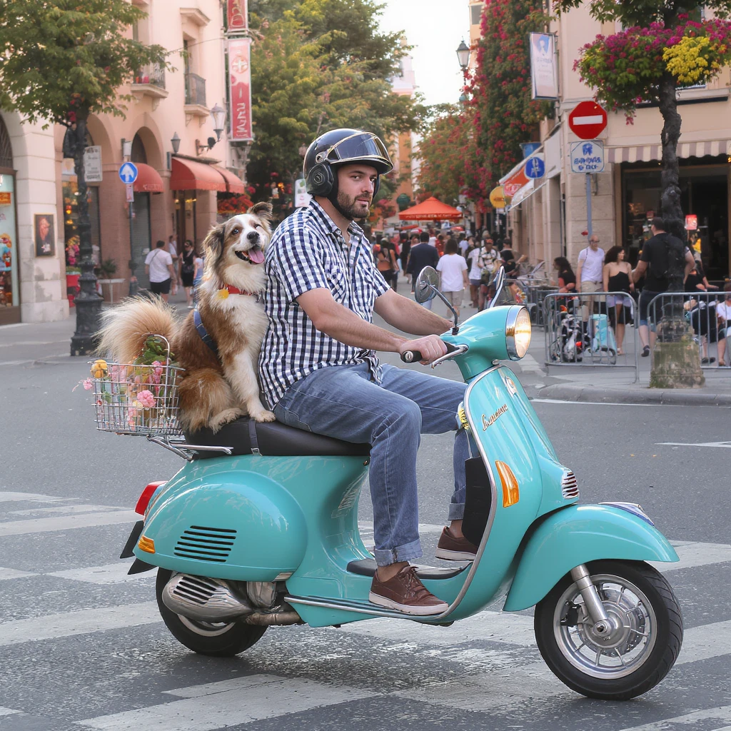 man and his pet dog riding a vespa emoji