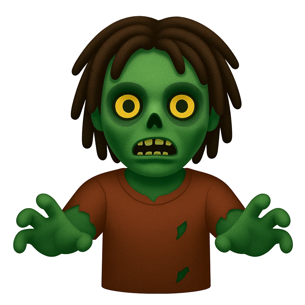 Transform the person in the image into a zombie with dreadlocks, classic green skin, and arms outstretched, in the style of emoji. The style should mimic the concise and simple look of apple style emojis with clear zombie features and green skin tone. emoji