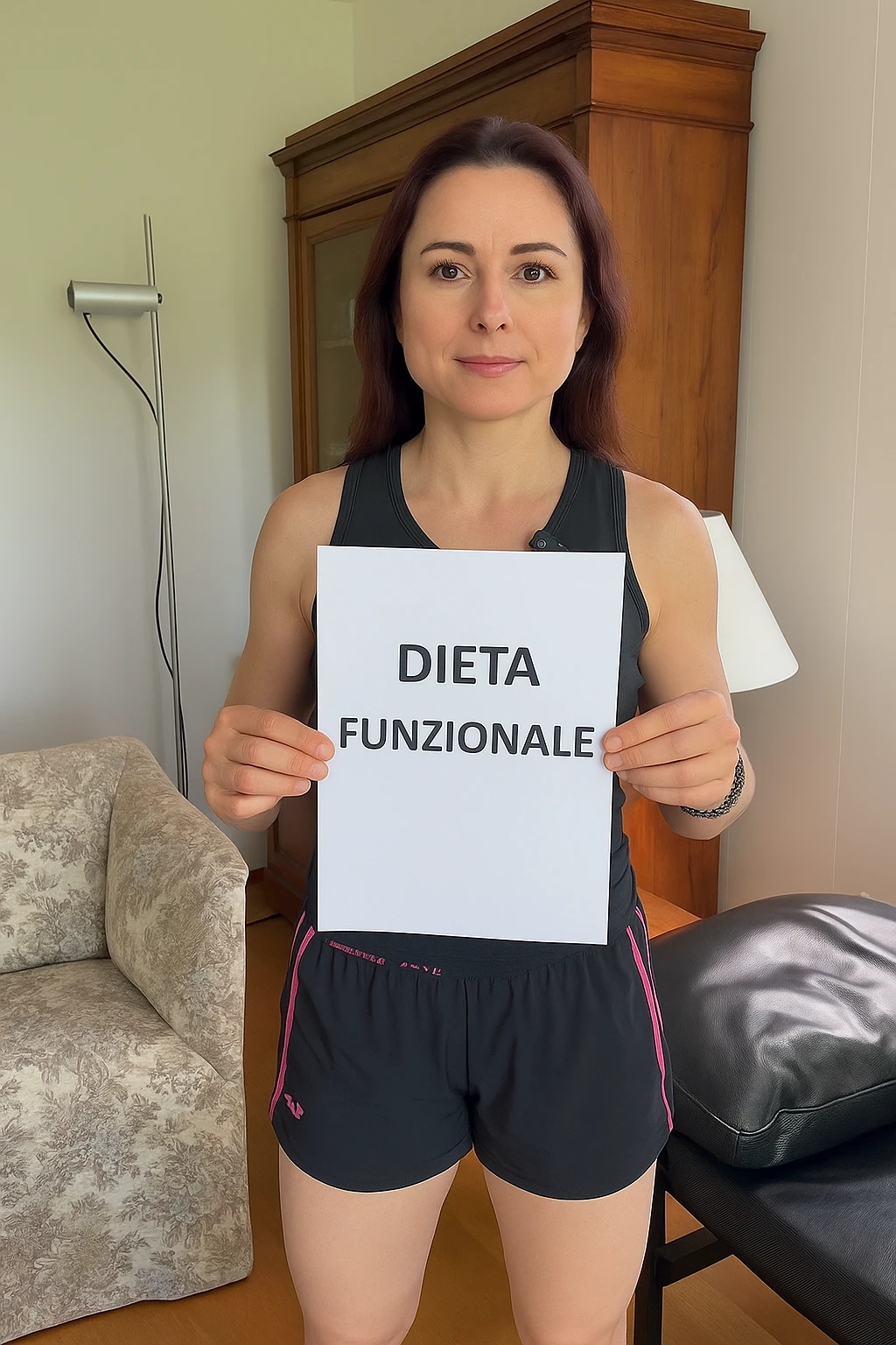 Donna con in mano una dieta con scritto "Dieta Funzionale" emoji