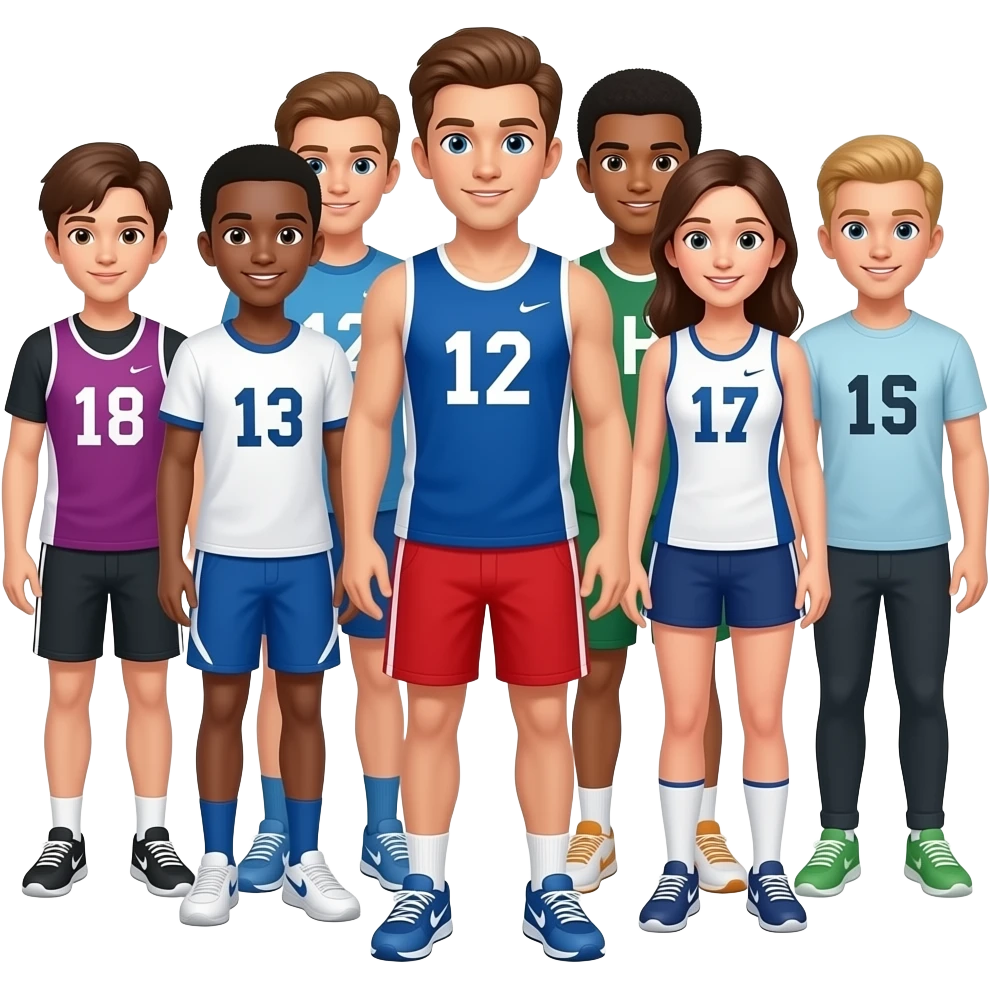 Faça um grupo de atletas jovens, meninos e meninas, de diferentes modalidades juntos, sem marca nas roupas apenas os numeros emoji