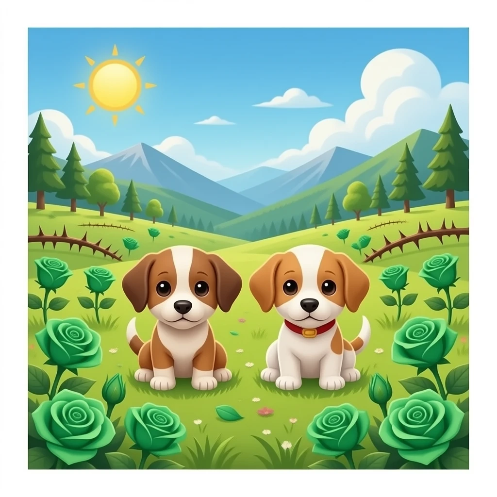 Puppies with emerald green roses and valley of thorns emoji