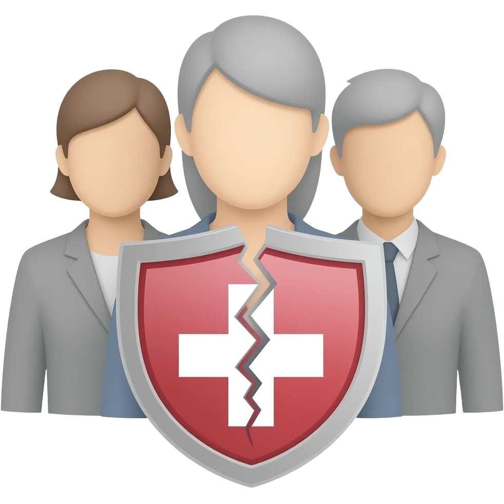 Minimalist flat design icon of a group of people with a broken trust symbol (cracked shield or cross mark), representing citizens losing confidence, clean vector style, soft gradient (gray and muted red), no text, transparent background emoji