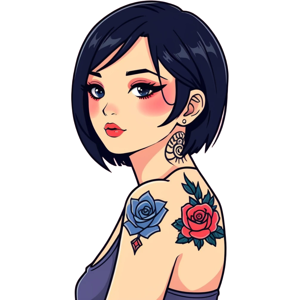 black haired girl with tattoos and makeup emoji