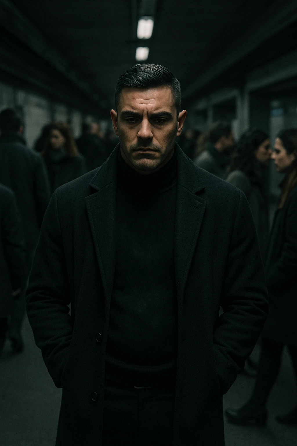 A cinematic shot of a man in his early 30s standing still in the middle of a crowded urban environment — perhaps a subway platform or office hallway — surrounded by blurred, cold-looking people facing away from him or speaking among themselves, ignoring him completely. The man has a heavy, emotionally drained expression, shoulders slightly slouched, hands in his coat pockets. He stands out in sharp focus while the others are dimly lit, grey-toned, and in motion blur. The lighting is harsh and cool, with strong shadows and low saturation to emphasize emotional isolation. A subtle dark aura or mist lingers around the man’s body, visually conveying the weight of negativity and emotional pressure. Shot in 35mm cinematic style, high realism, with a desaturated color palette and shallow depth of field emoji
