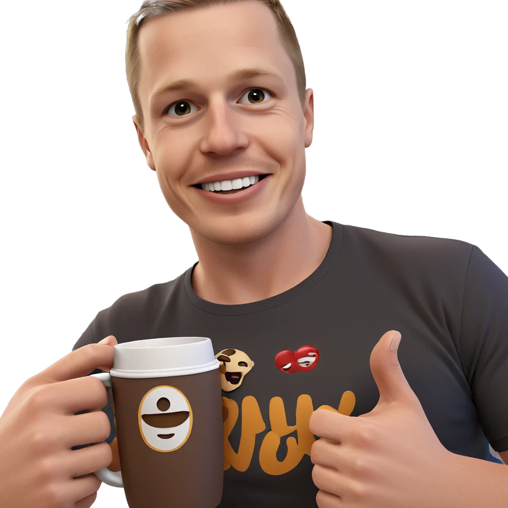 smiling boy with coffee cup emoji