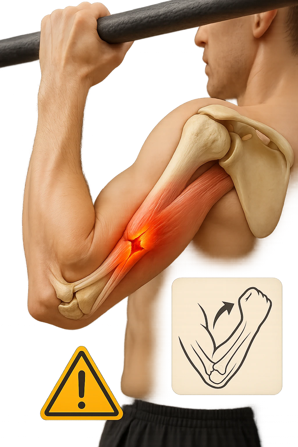 3D, vertical anatomical visualization: close-up of a man’s elbow during a pull-up, with the internal anatomy visible. A clear rupture or lesion is shown in the tendon or ligament, colored in red and orange. Swelling and inflammation are depicted around the joint. A warning icon and a small infographic explain the mechanism of injury. emoji