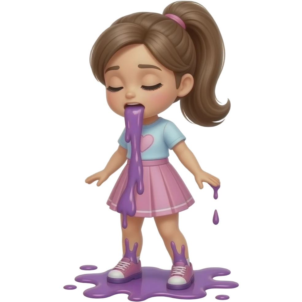 A full-body doll with a pretty ponytail is vomiting through her mouth, spewing it out onto the floor at her feet emoji