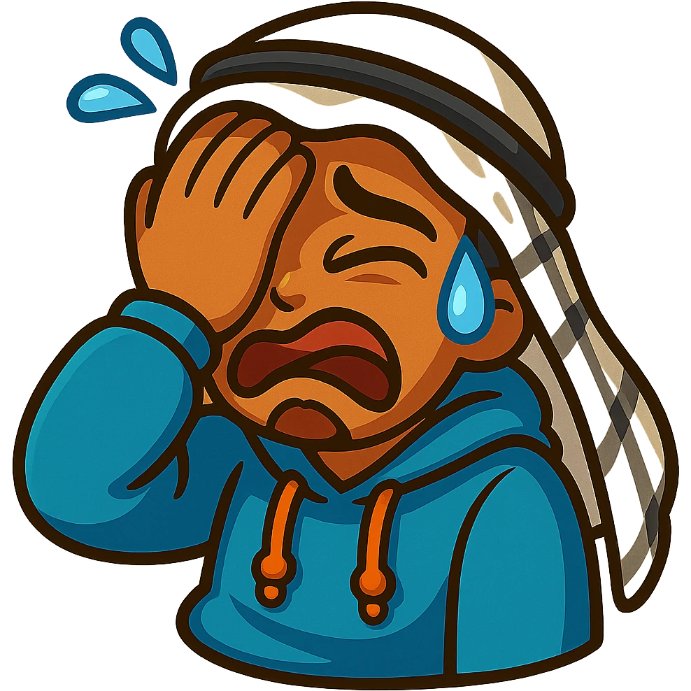 Make Ara's dramatic facepalm sticker even more exaggerated with hand covering entire face, slumped posture, huge sweat drop, cartoonish, vibrant, bold, extremely expressive style. emoji