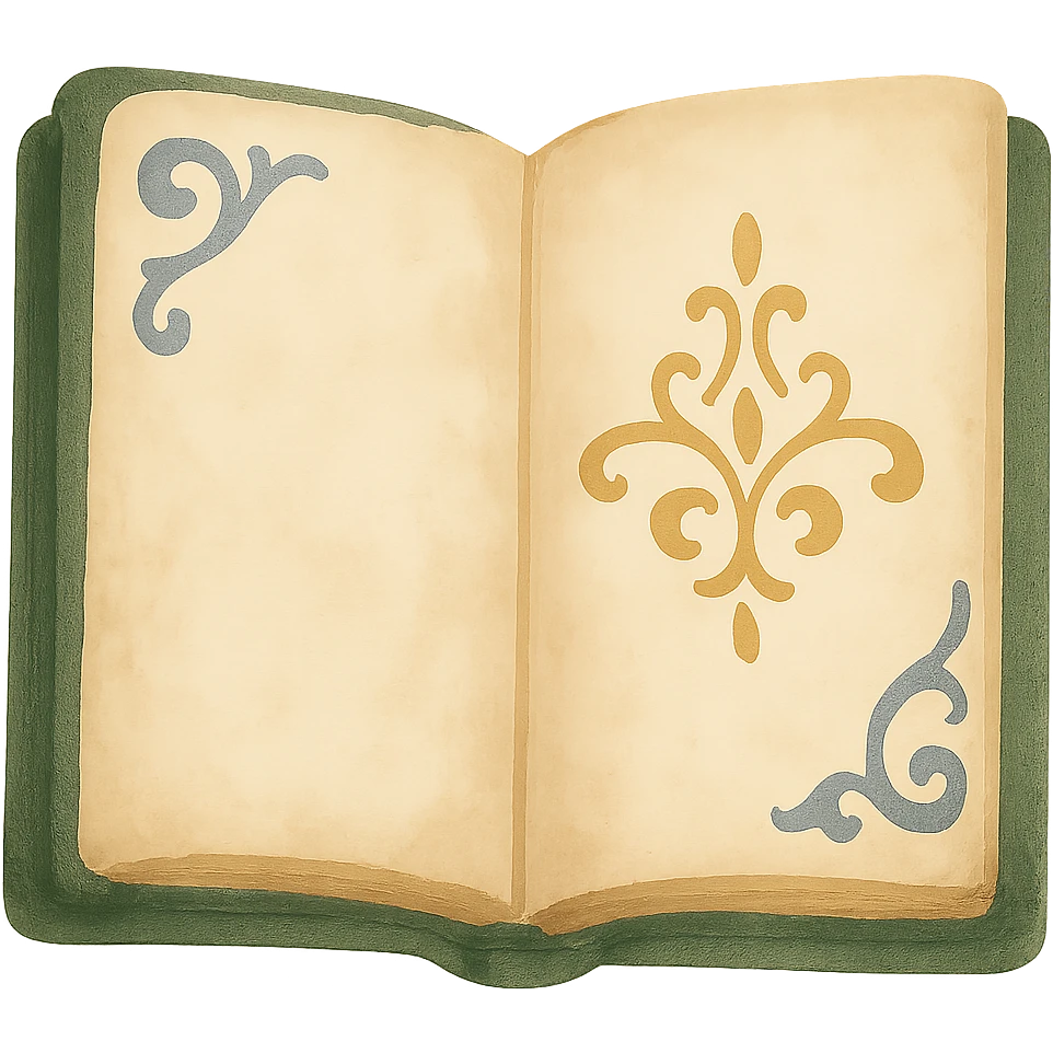 Increase the saturation and contrast of an open antique book with a dark green cover, maintaining the dreamy painterly watercolor style with visible brushstrokes, on a transparent background. emoji
