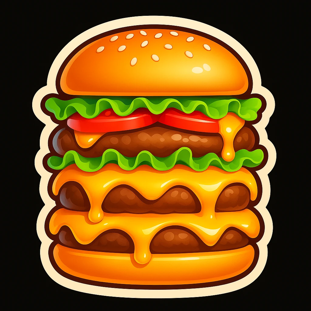 Add fresh green lettuce and juicy red tomato slices to the cheeseburger, keeping the cartoon emoji style, high detail, bright colors, and appetizing look. emoji