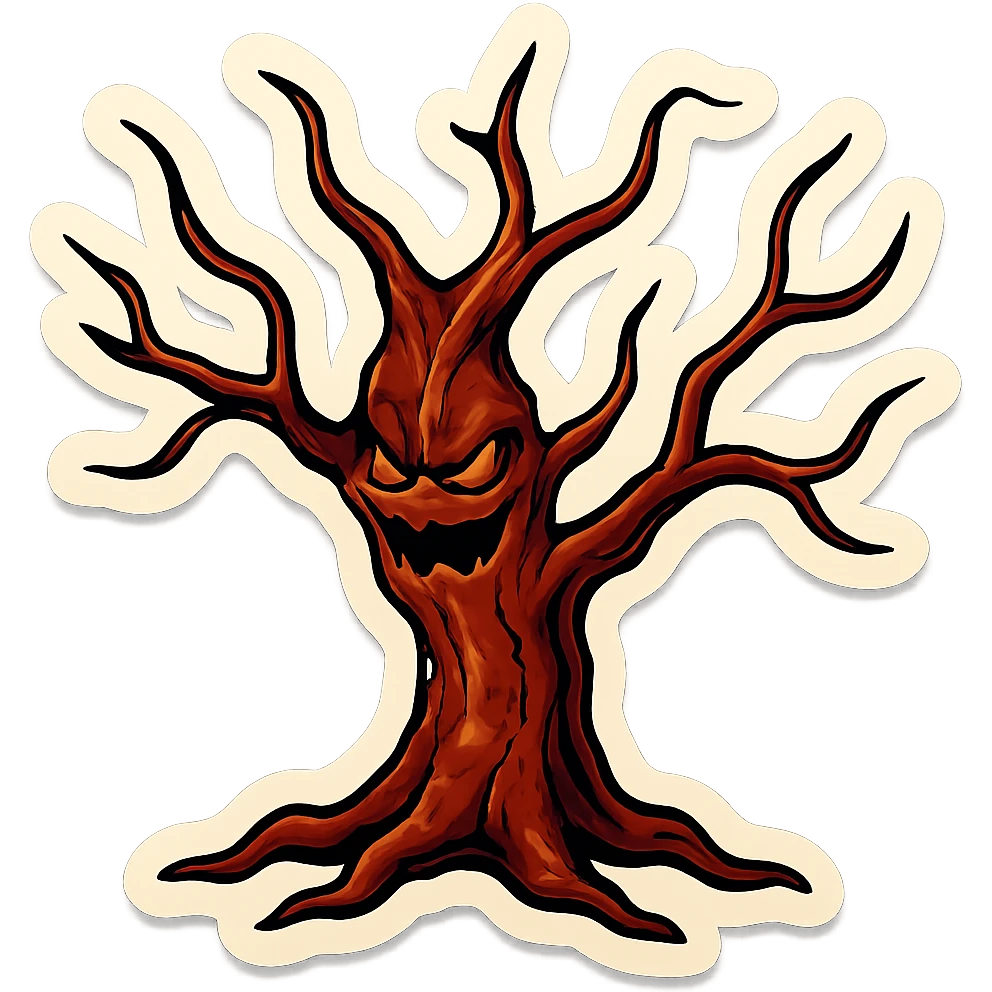 sinister tree with thin curved branches, brown-red cracked bark, sharp black outlines, clear shadows and highlights, retro stickers style, no gradients, scary silhouette emoji