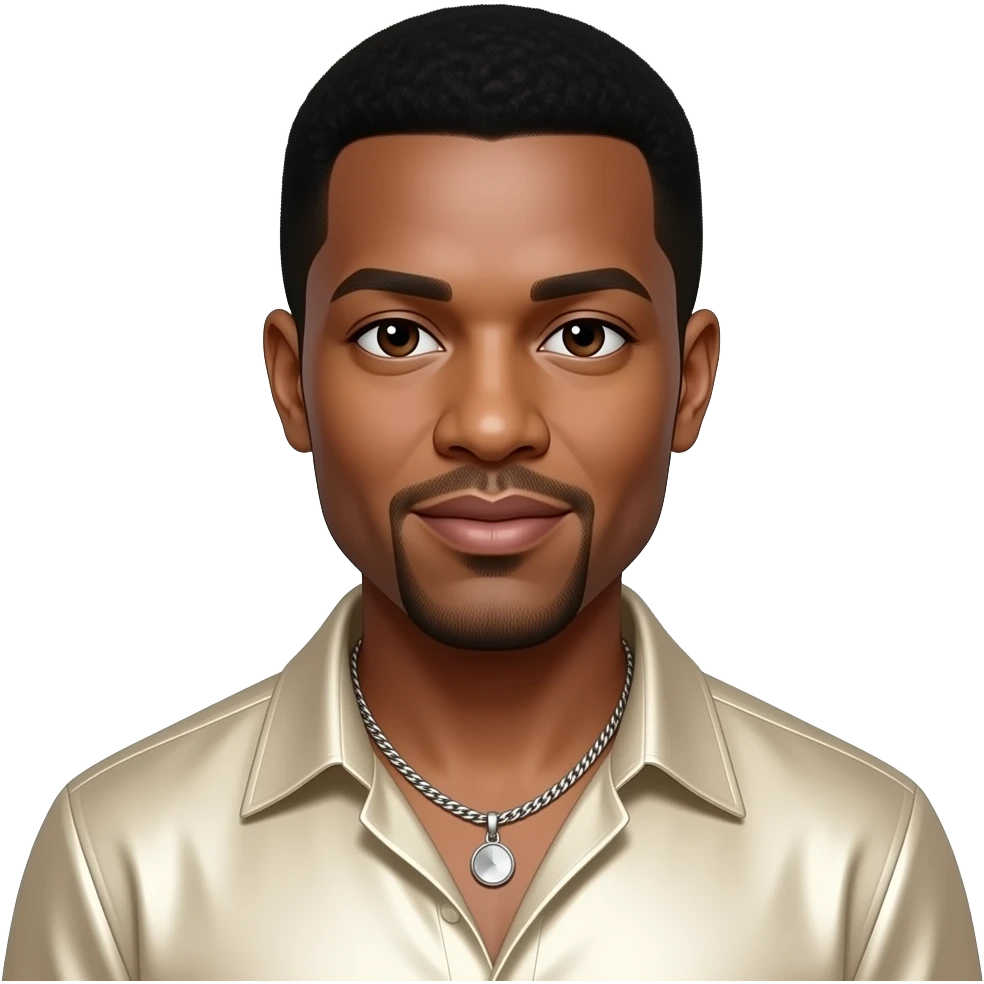 El DeBarge with dark brown eyes, black hair, cream metallic shirt, silver necklace emoji