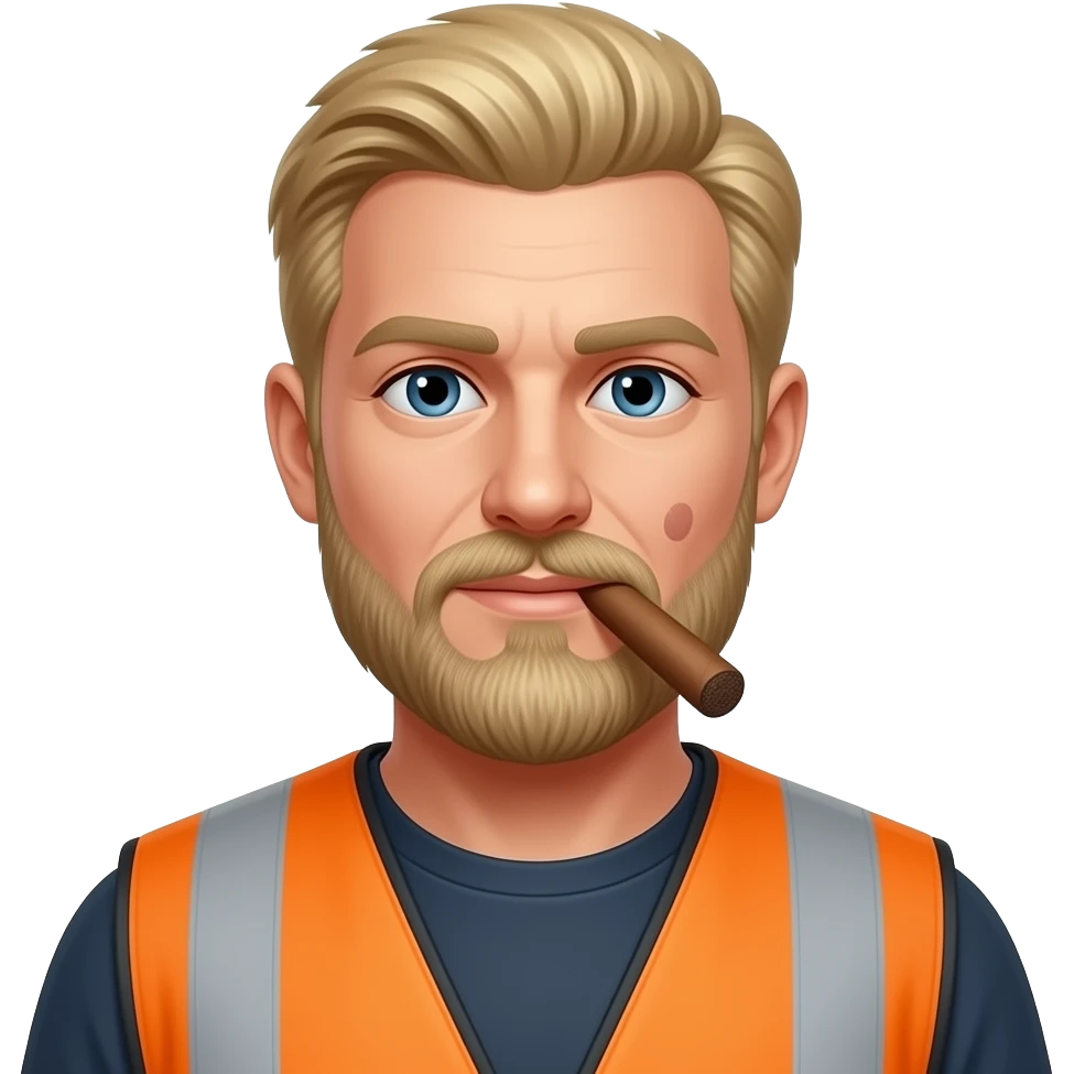 Big Blonde hair Guy with a beard and mole on cheek , smoking a cigar Wearing a construction vest emoji