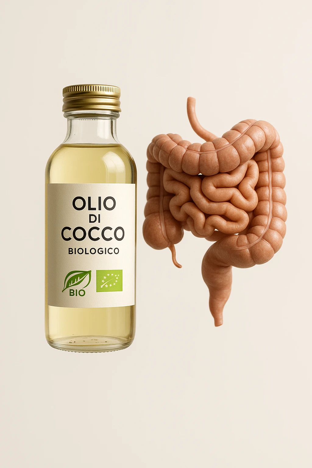 BOCCETTA DI OLIO DI COCCO BIOLOGICO (FAI UN ETICHETTA SUL PRODOTTO IN ITALIANO) CHE FLUTTUA IN ARIA INSIEME A UN INTESTINO UMANO ANATOMICO IN PERFETTA SALUTE, SFONDO CHIARO, iperrealistico 4k emoji