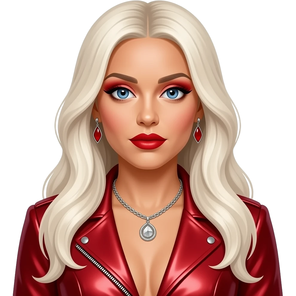 Christina Aguilera with blue eyes, long white blonde hair, red eyeshadow and lipstick, red metallic pop tour outfit, necklace and earrings emoji