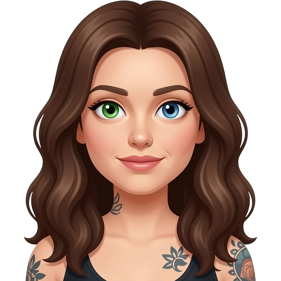 white long wavy haired brunette woman with one green eye one blue eye tattoos a philtrum piercing and a thin streak of grey hair emoji