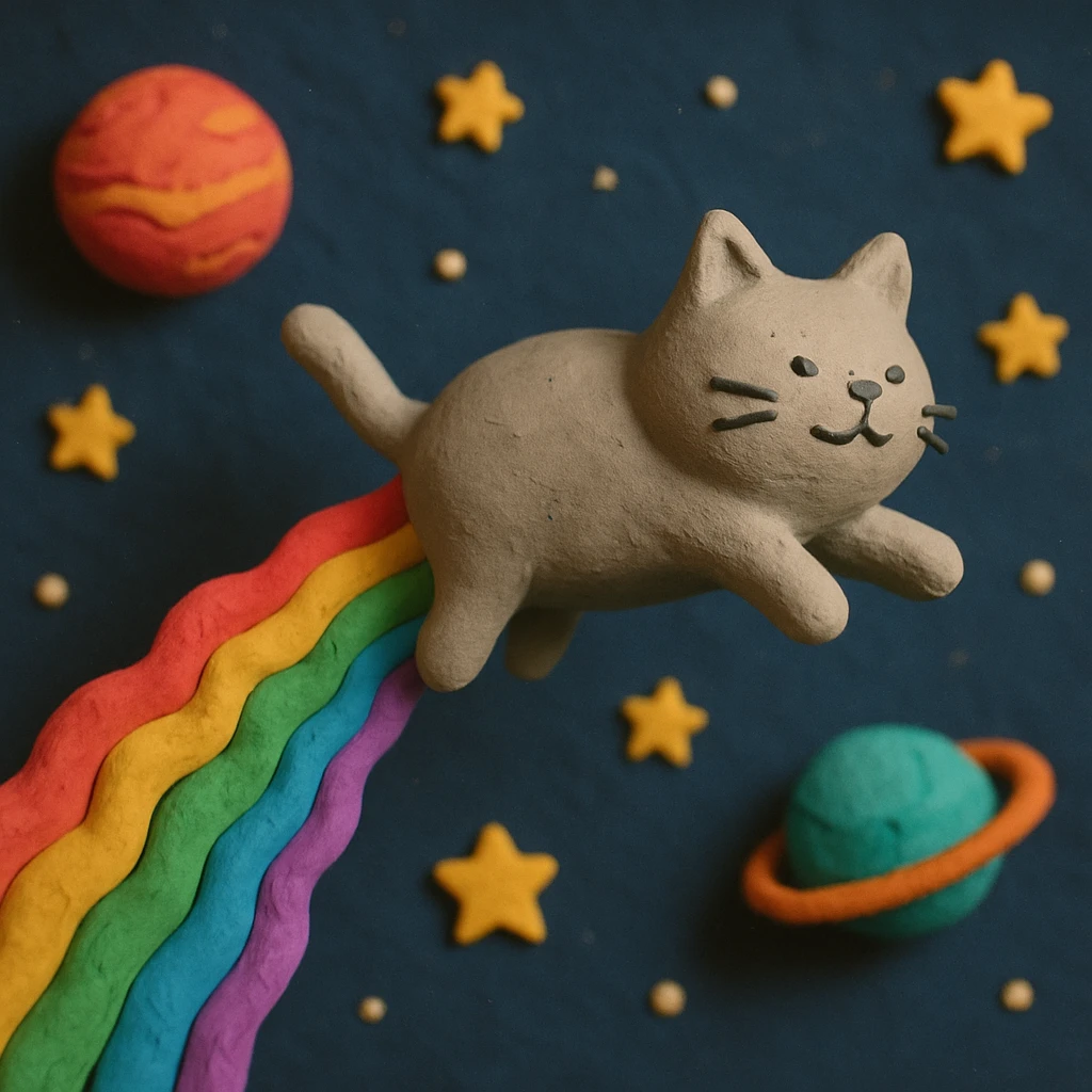 claymation style flying cat pooping rainbows in outer space with stars and planets emoji