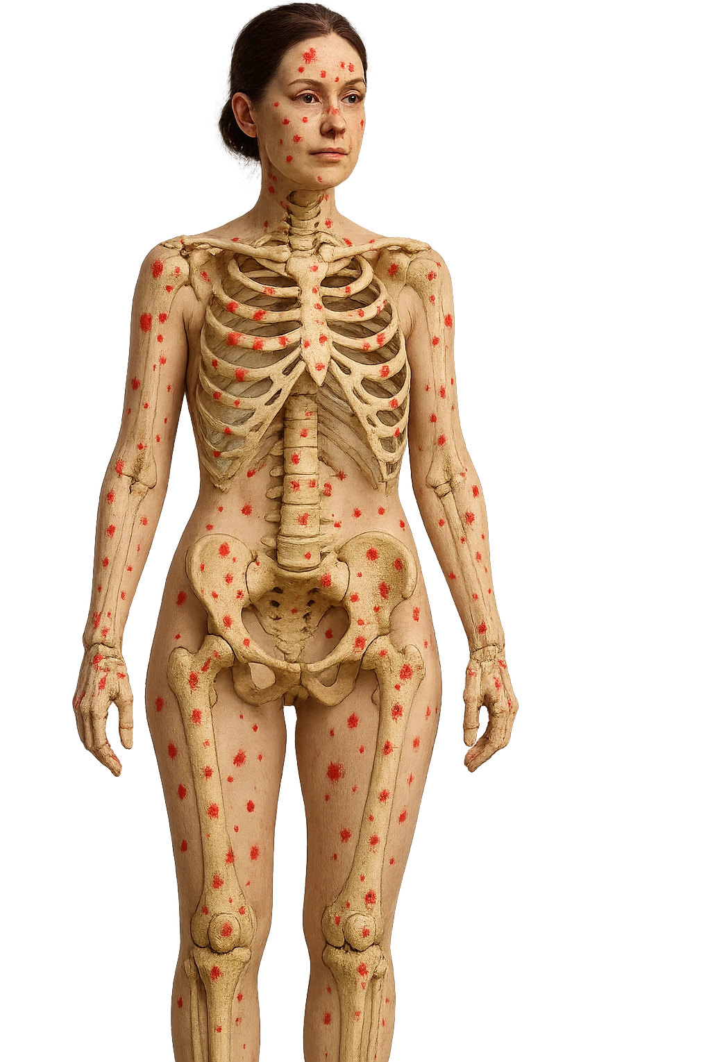 corpo umano anatomico di una donna affetta da fibromialgia, red spot sparsi sulle sue ossa, iperrealistica 4k emoji