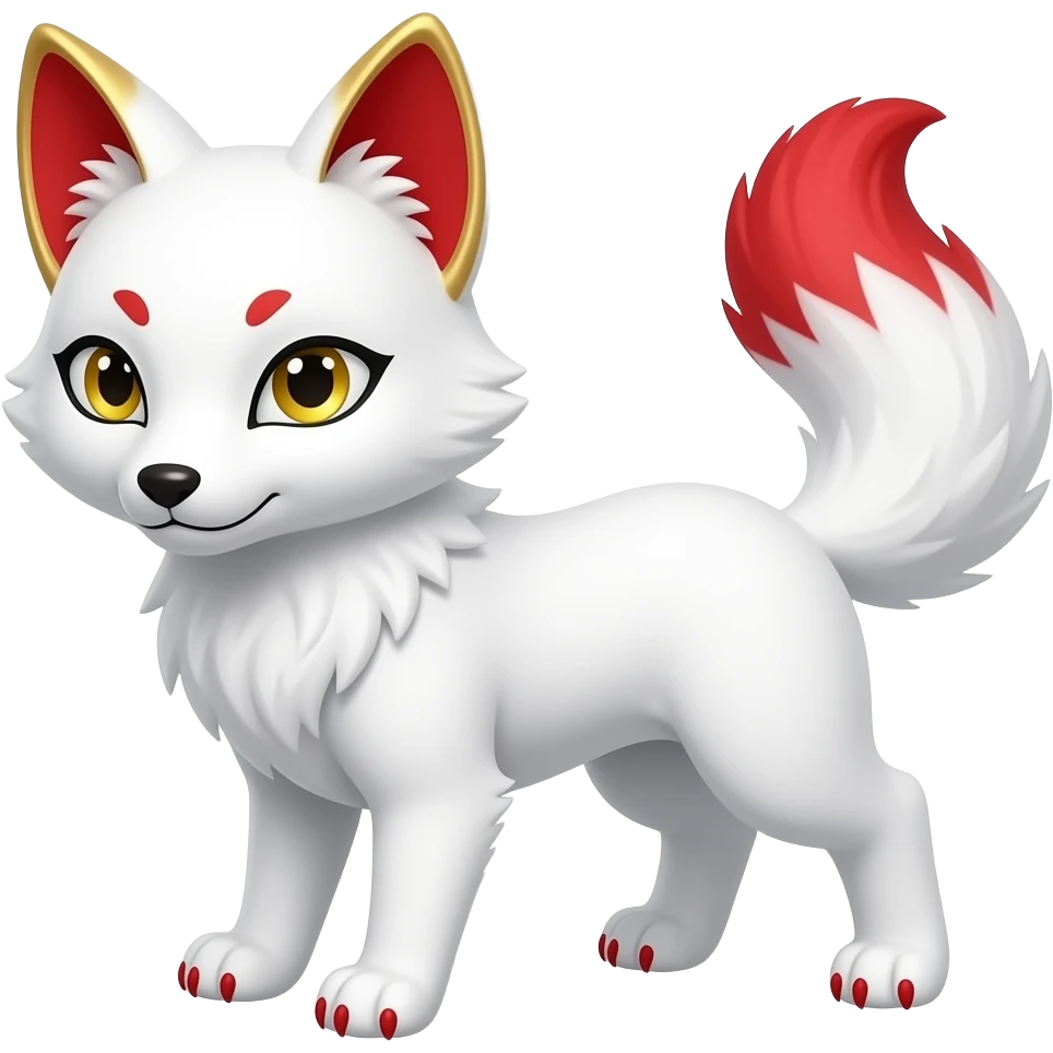 A white one-tailed Kitsune (Fox Form,) with red accents, red inside of his ears, gold accents inside of his ears and pale golden eyes. Pure white paws, red pawpads, and a red tail tip. emoji
